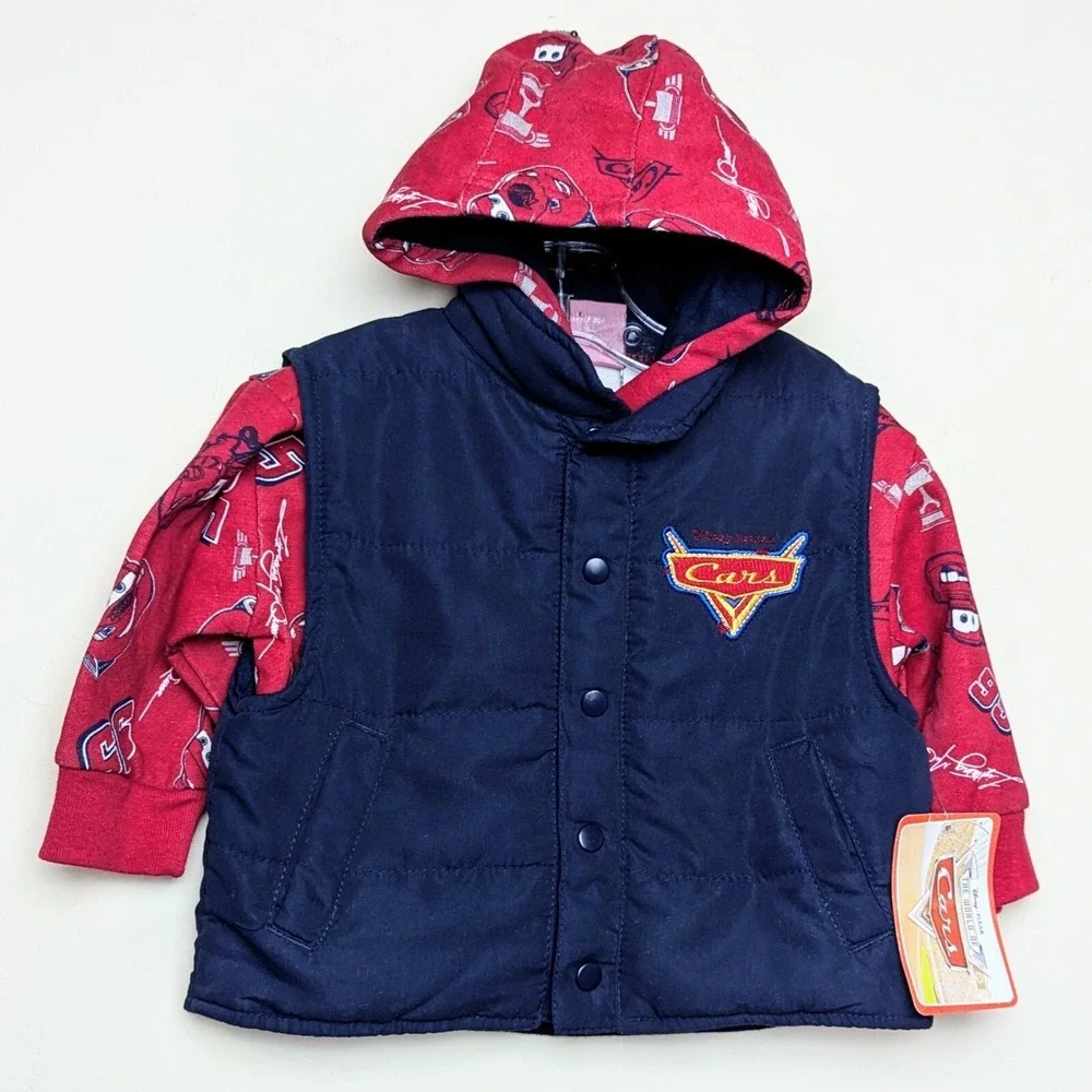 Vintage Cars Disney Pixar Lightning Puff Vest Hoodie 2pc Combo 12 Months‎ NWT
